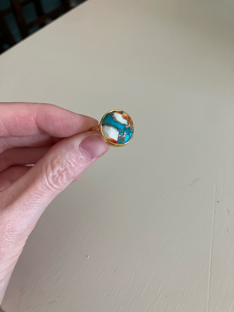 Gold-Plated Round Inlay Statement Ring In Turquoise, White & Brown